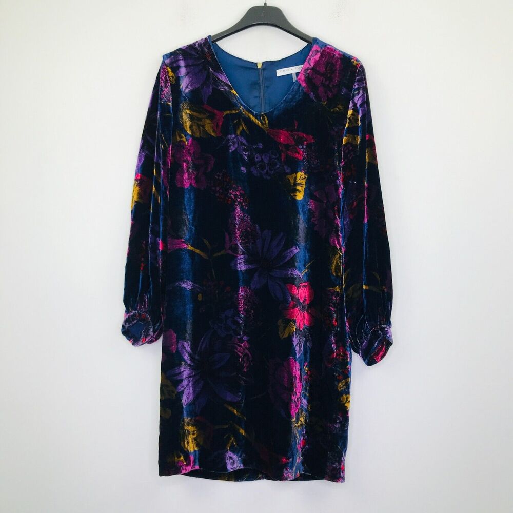 Trina Turk Women's XS Dress Blue Purple Eclaire Velvet Floral Long Sleeve CG24